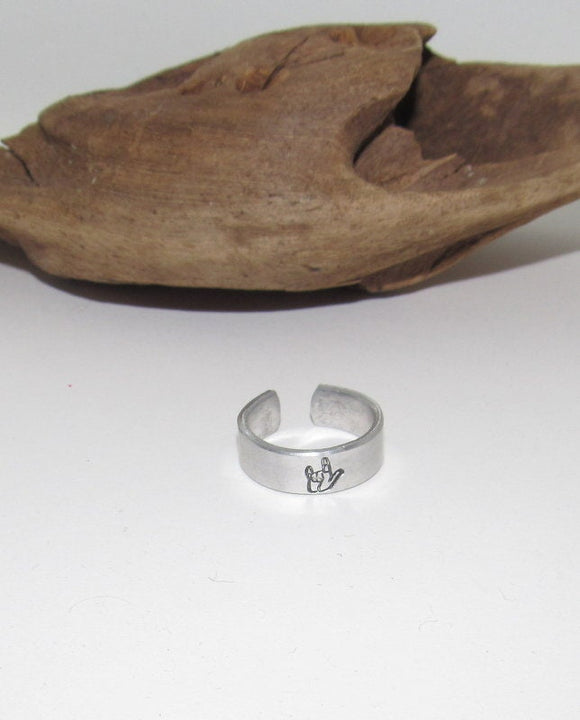 ASL I love you  Adjustable stamped ring, I love you aluminum ring, inspiration rings, adjustable silver ring, stamped jewelry,