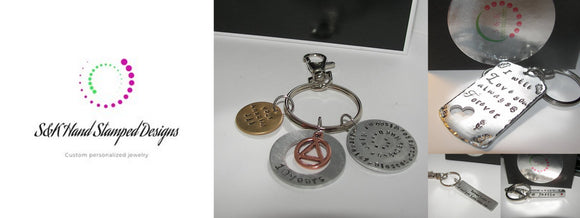Custom personalized stamped  keyrings by S&K hand stamped designs , custom made with your designs