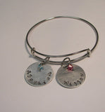 sterling silver adjustable bangle mommy charm bracelet with kids names, custom hand stamped personalized jewelry