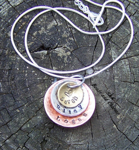 personalized 3 layer Mothers Necklace with kids Names , Custom hand stamped Mother Jewelry , 3 Layered mommy necklace