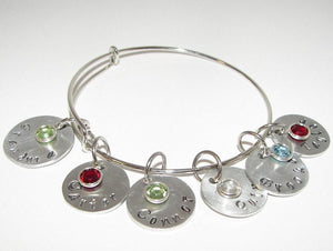 sterling silver adjustable bangle mommy charm bracelet with kids names, custom hand stamped personalized jewelry