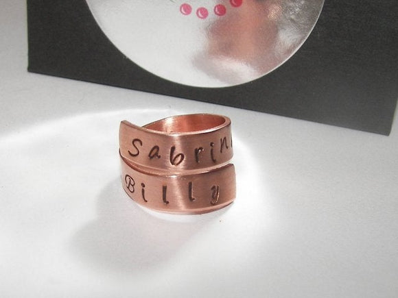 personalized Copper wrap ring, personalized ring, custom hand stamped  jewelry , mommy ring, kids names ring ,  couples ring , name ring