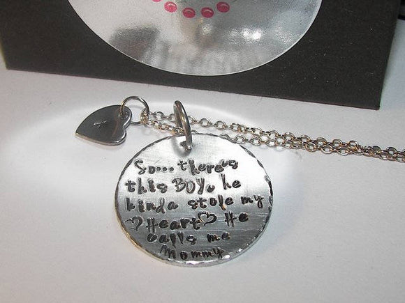 So..There's This Boy Who Stole My Heart mommy necklace, He calls me MOM , Personalized hand stamped mommy  jewelry with kid name