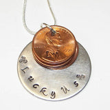 Lucky Us personalized penny necklace ,  Custom hand stamped  penny jewelry for mom , mothers jewelry handstamped jewelry