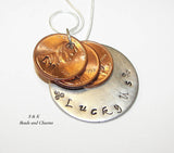 Lucky Us personalized penny necklace ,  Custom hand stamped  penny jewelry for mom , mothers jewelry handstamped jewelry