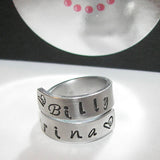 Sterling silver wrap ring with kids names,  personalized hand stamped mom ring,  Customized ring gift for mom
