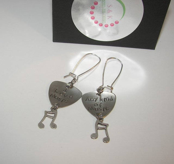 Music lover custom hand stamped personalized earrings, guitar pick musical earrings, gift for music  lover handstamped jewelry