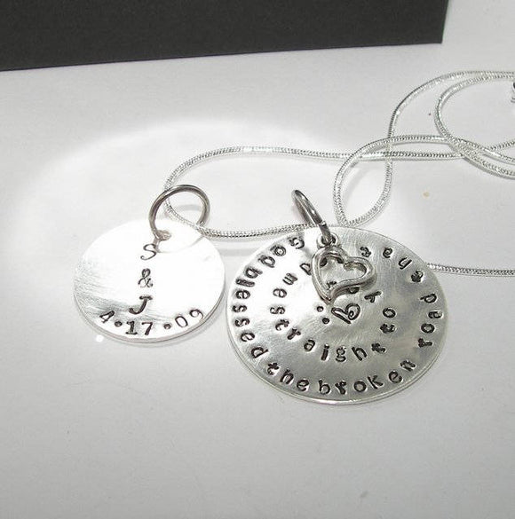 Sterling God blessed the broken road custom personalized necklace, Cutom Hand stamped jewelry, Anniversary gift for couples