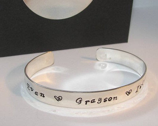 sterling silver cuff mothers jewelry, Hand stamped personalized jewelry , custom hand stamped cuff with kids names