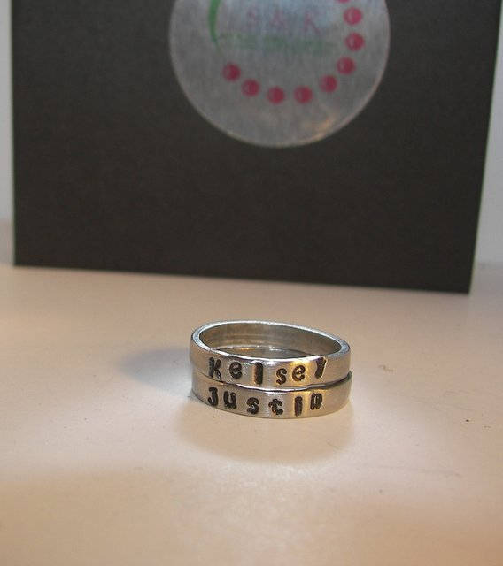 Kids name pewter stacking ring for mom, Custom personalized hand stamped jewelry stacking rings, Thin name stacking ring gift for mom