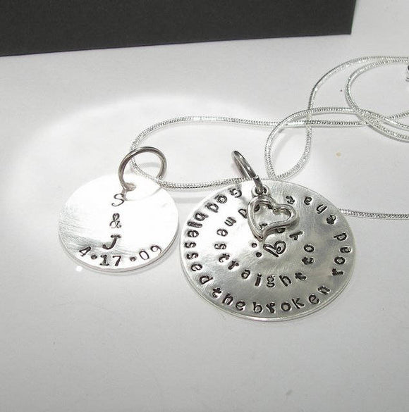God blessed the broken road custom personalized necklace, Custom Hand stamped jewelry, Anniversary gift for couples handstamped jewelry