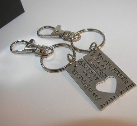 Personalized Split Heart Couples Keychain Set, Hand Stamped bride and groom Keychains , custom personalized hand stamped keychain