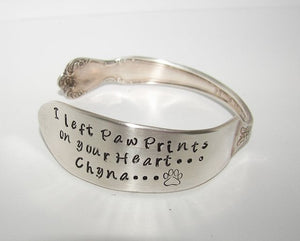 You left paw prints on my heart vintage silver plate silverware cuff, memorial pet jewelry , personalized hand stamped cuff bracelet,