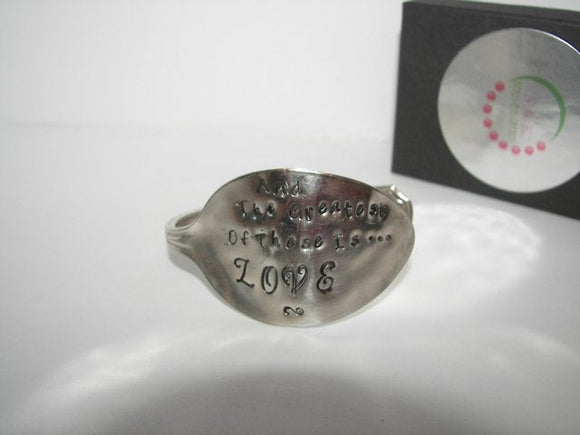 The greatest of these is love vintage silverware spoon cuff bracelet, spoon jewelry cuff bracelet , custom personalized hand stamped jewelry