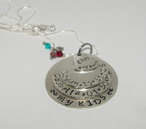 sterling silver 4 layer Mommy necklace, custom stamped jewelry,personalized hand stamped jewelry, layered necklace with kids names
