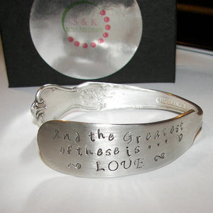 The greatest of these is love silverware cuff bracelet