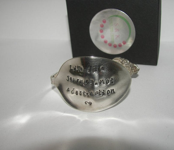 LIfe is a journey vintage silverware spoon cuff bracelet, spoon jewelry cuff bracelet , custom personalized hand stamped jewelry