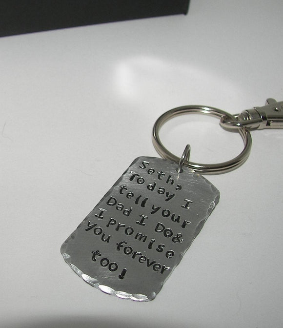 Blended Family Gift, Today I tell Your Mom / Dad I Do, Son of the Bride/ , Step son Gift, handstamped keychain, handstamped jewelry,