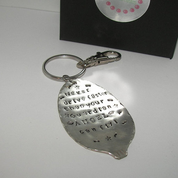 Don't drive faster than your guardian angel 16th birthday gift for new driver, silver spoon keychain,  Hand stamped personalized key ring