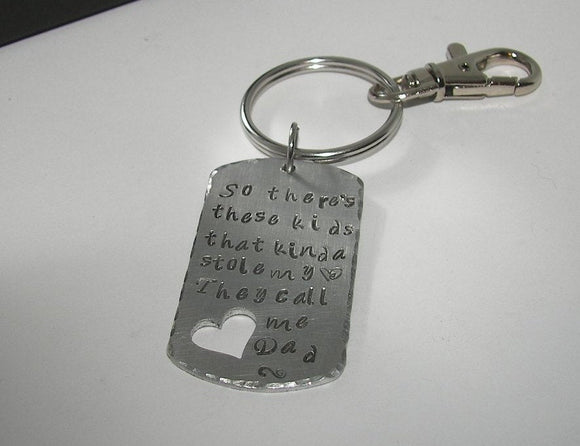 There's these kids who stole my heart they call me daddy , custom personalized  Hand stamped keychain, gift for dad from kids