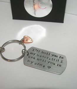 I will hold you in my heart untill I can hold you in my arms, custom hand stamped keychain with name charm, personalized keychain