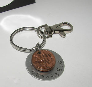 Lucky Us with name and year penny keychain , personalized penny jewelry , custom handstamped jewelry and keychainshandstamped jewelry