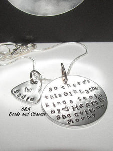 So there 's this girl custom hand stamped mom necklace, Custom personalized hand stamped jewelry with  kids name for  mom,