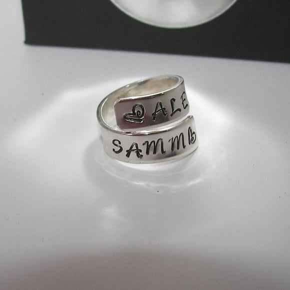 Pewter kids name wrap ring, custom personalized jewelry ,hand stamped jewelry ring for mom, Anniversary gift for mom, handstamped jewelry