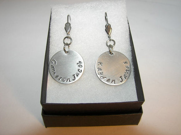 custom silver earrings for mom, personalized bridal earrings, hand stamped dangle drop earrings, handstamped jewelry