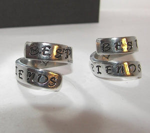 Best friends pewter rings, wrap ring, stamped girlfriend rings, going away gift for friend, stocking stuffer gifts, gifts for sisters