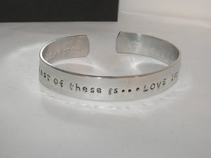 The greatest of these is love vintage cuff bracelet, Cor. 13 13, personalized hand stamped jewelry, handstamped jewelry