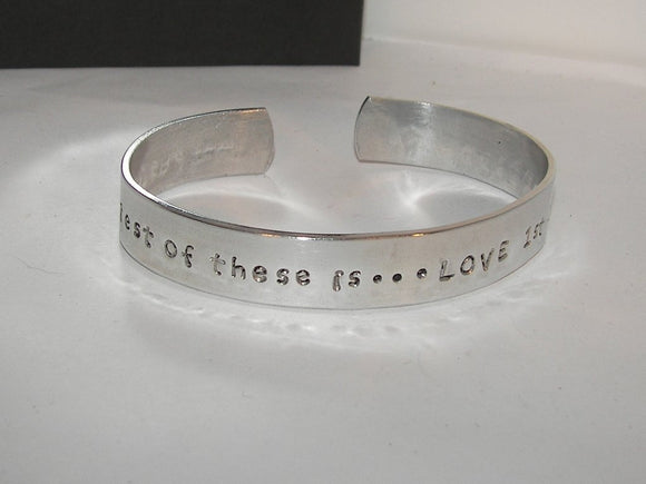 The greatest of these is love vintage cuff bracelet, Cor. 13 13, personalized hand stamped jewelry, handstamped jewelry