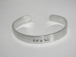 Pewter hand stamped cuff bracelet,  gift personalized with name and school , custom handstamped  jewelry, handstamped jewelry