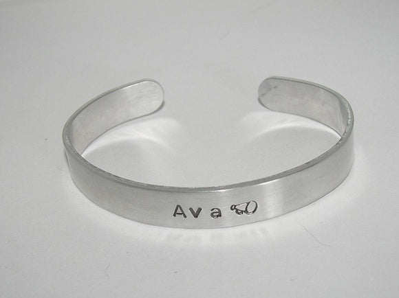 Pewter hand stamped cuff bracelet,  gift personalized with name and school , custom handstamped  jewelry, handstamped jewelry