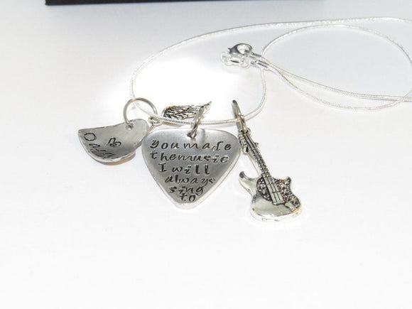 Pewter jewelry , The music I sing to memorial guitar pick necklace, personalized jewelry , custom hand stamped jewelry, handstamped jewelry