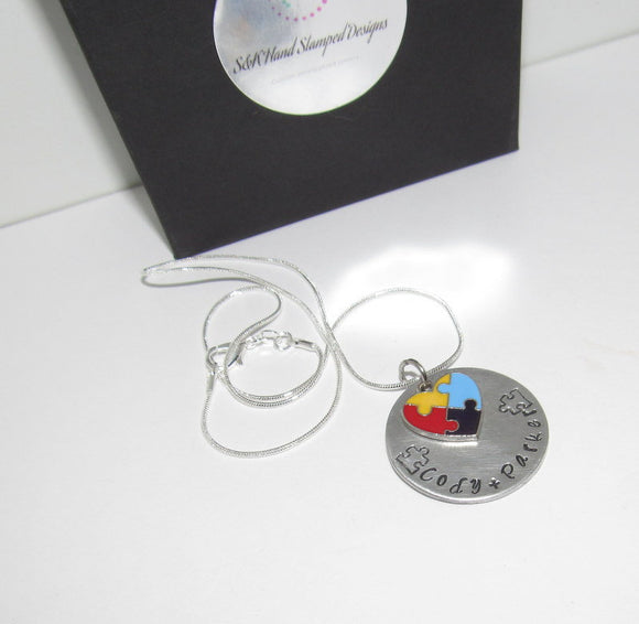 Hand stamped Autism awareness jewelry, personalized Autism necklace with kids name for mom, custom autism necklace, handstamped jewelry