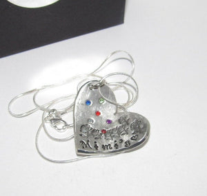 Personalized mom necklace with birthstone, Pewter family charm necklace, mothers jewelry, custom hand stamped jewelry gift for grandma
