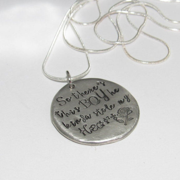 SoThere's This Boy Who Stole My Heart, pewter mom necklace with kids names, Personalized custom hand stamped jewelry gift for grandma