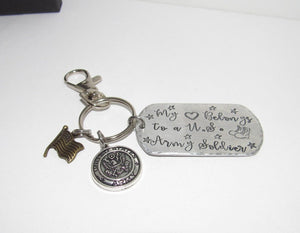 My hearts belongs to a soldier keychain, Military wife gift, Army wife gift, Marine wife gift,  custom stamped keychain