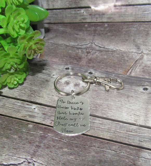 Pewter So there's these kids that stole my heart they call or dad, Key ring with kids names, custom personalized hand stamped jewelry