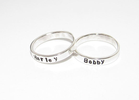 kids name stacking rings, silver stacking rings , Mother's stacking name rings, hand stamped personalized jewelry, handstamped jewelry