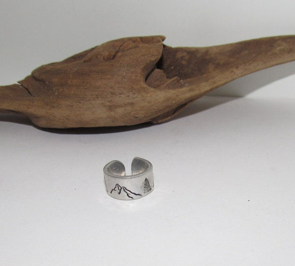 Mountain view Personalized Adjustable stamped ring,  inspiration rings, adjustable silver ring, stamped jewelry, boho mountain ring