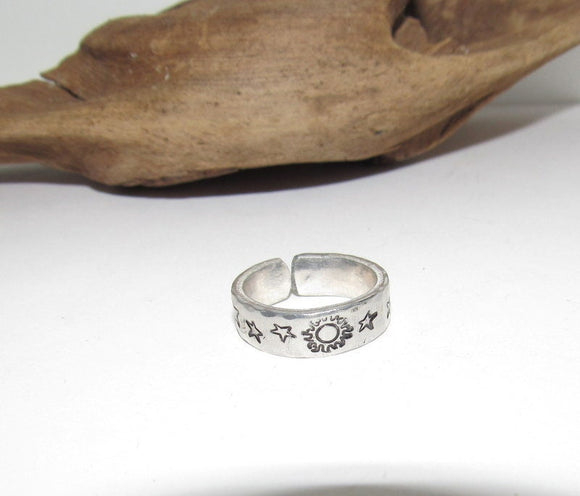 Moon and stars Personalized Adjustable stamped ring,  inspiration rings, adjustable silver ring, stamped jewelry, boho  moon ring