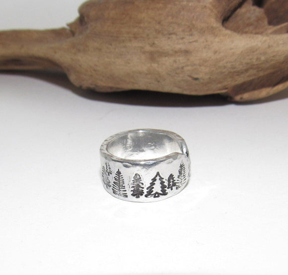 Sterling silver Trees Inspirational Ring, Unisex thumb ring, Nature Inspirational Ring, Personalized Stamped Ring,  Forest Hand Stamped Ring