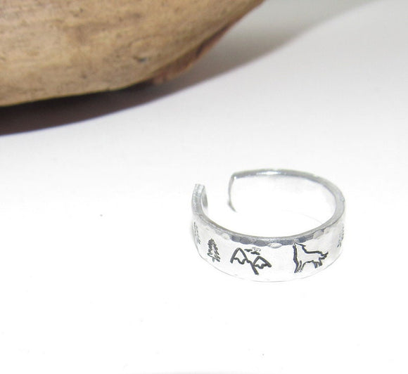 Wolf ring ,mountain ring, Personalized Adjustable stamped ring, turtle lover stamped jewelry, boho beachring