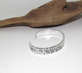 Mountain and tree theme stamped cuff bracelet, mountain lover gift, adjustable silver cuff, stamped jewelry
