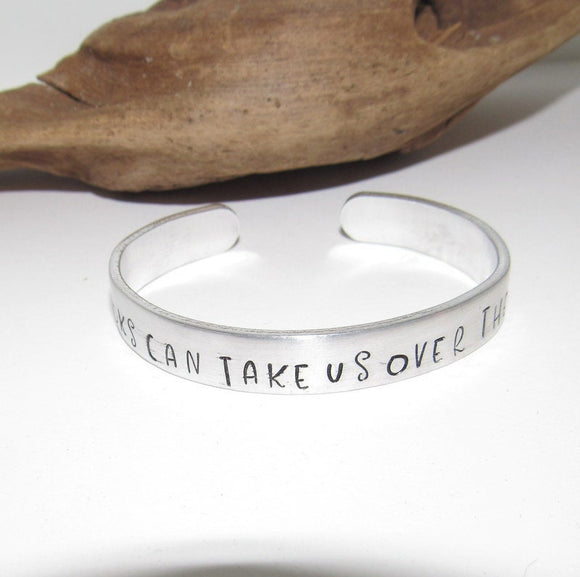 Pewter Books can take use over the rainbow, Personalized Adjustable stamped cuff bracelet, pewter cuff, stamped jewelry,