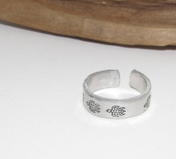 Stamped turtle ring, Personalized Adjustable stamped ring, turtle lover stamped jewelry, boho beachring