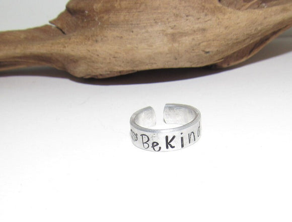 Be Kind Inspirational Ring and cuff set, Nature Inspirational Ring ,Personalized Silver Hand Stamped Ring, Aluminum Hand Stamped Ring