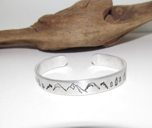 Mountain cuff, tree cuff bracelet, mountain lover gift, adjustable silver cuff, stamped jewelry, stamped cuff bracelet